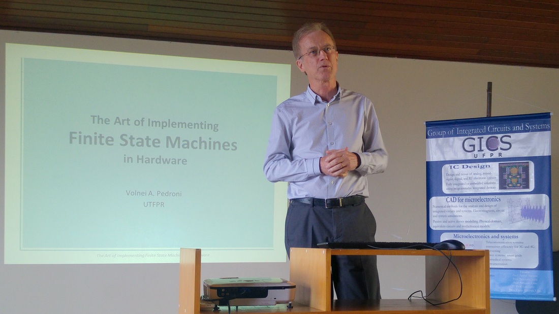 Prof. Volnei Pedroni (UTFPR) apresentou o tutorial "A arte de implementar máquinas de estados em hardware".