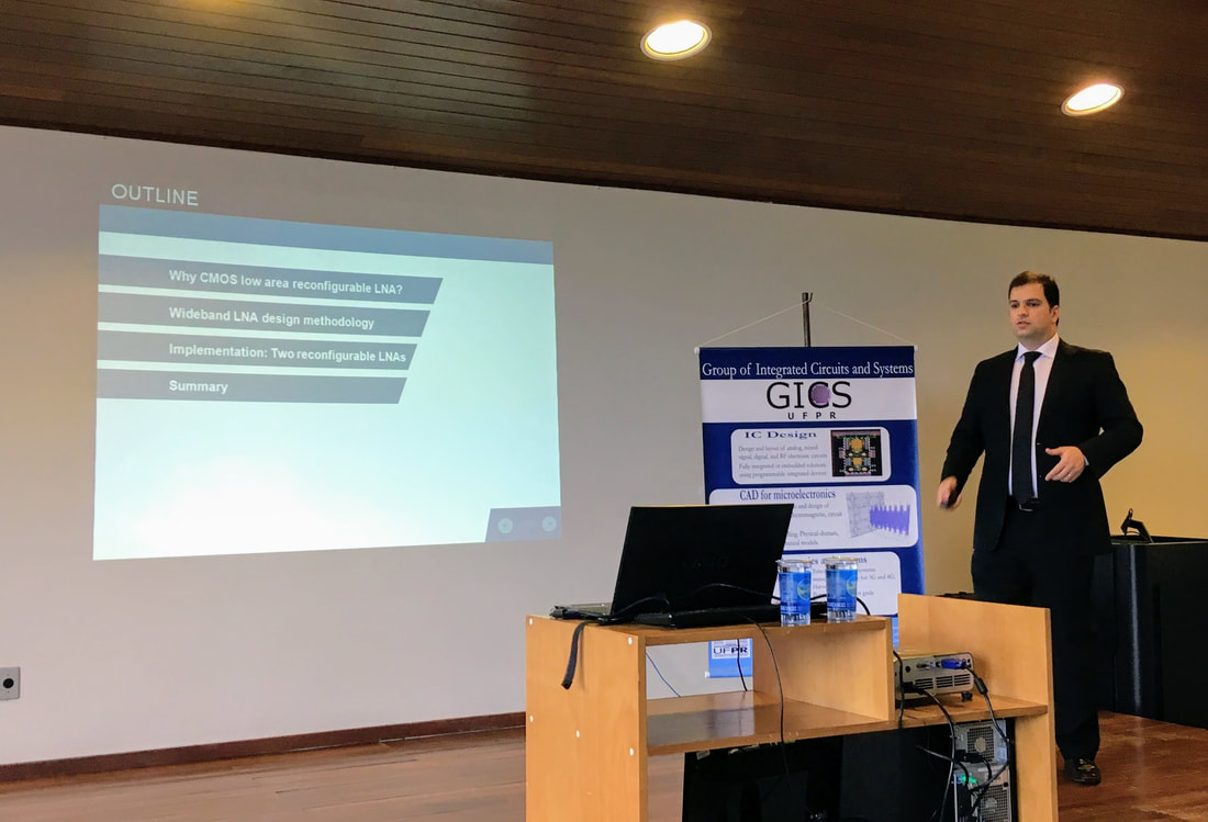Marcelo de Souza apresentou a palestra "Amplificador de baixo ruído digitalmente controlado para aplicações de rádio adaptativo".