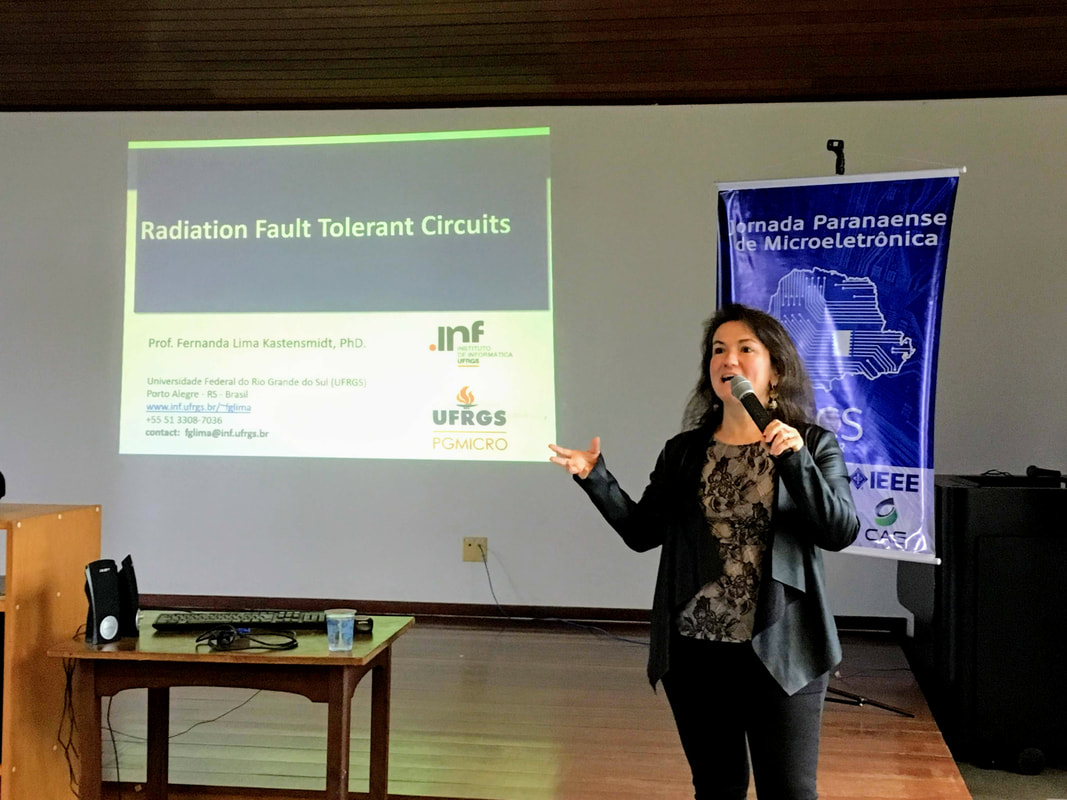 Profa. Fernanda Gusmão de Lima Kastensmidt (UFRGS) apresentou a palestra ""Efeitos de radiação em circuitos integrados e técnicas de mitigação"