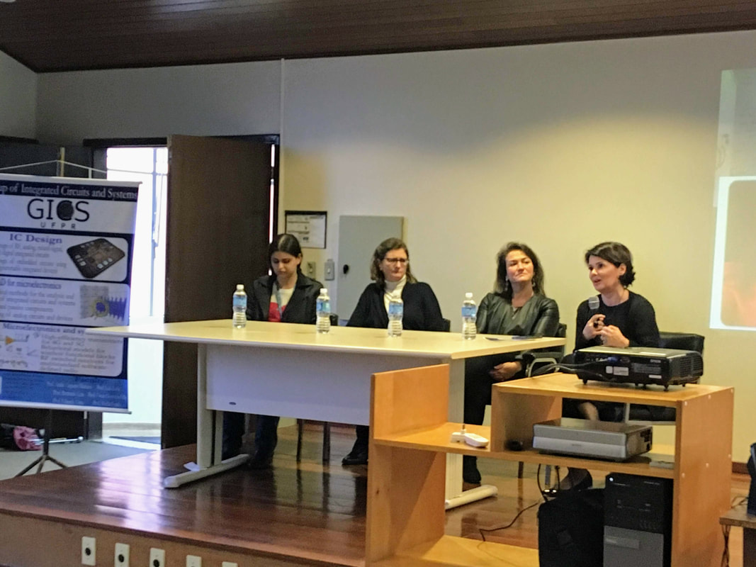 Fernanda Gusmão de Lima Kastensmidt (UFRGS), Linnyer Beatrys Ruis Aylon (UEM), Thelma S. P. Fernandes (UFPR) e Gessica Pereira participaram de painel debatendo a participação da mulher na ciência e tecnologia.
