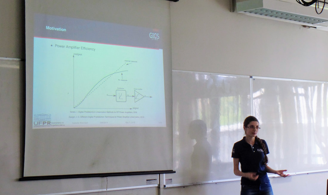 Isabella Wosniack apresentou o trabalho "Fixed-point VHDL description of a look-up table based combined memory and envelope memory polynomial model".
